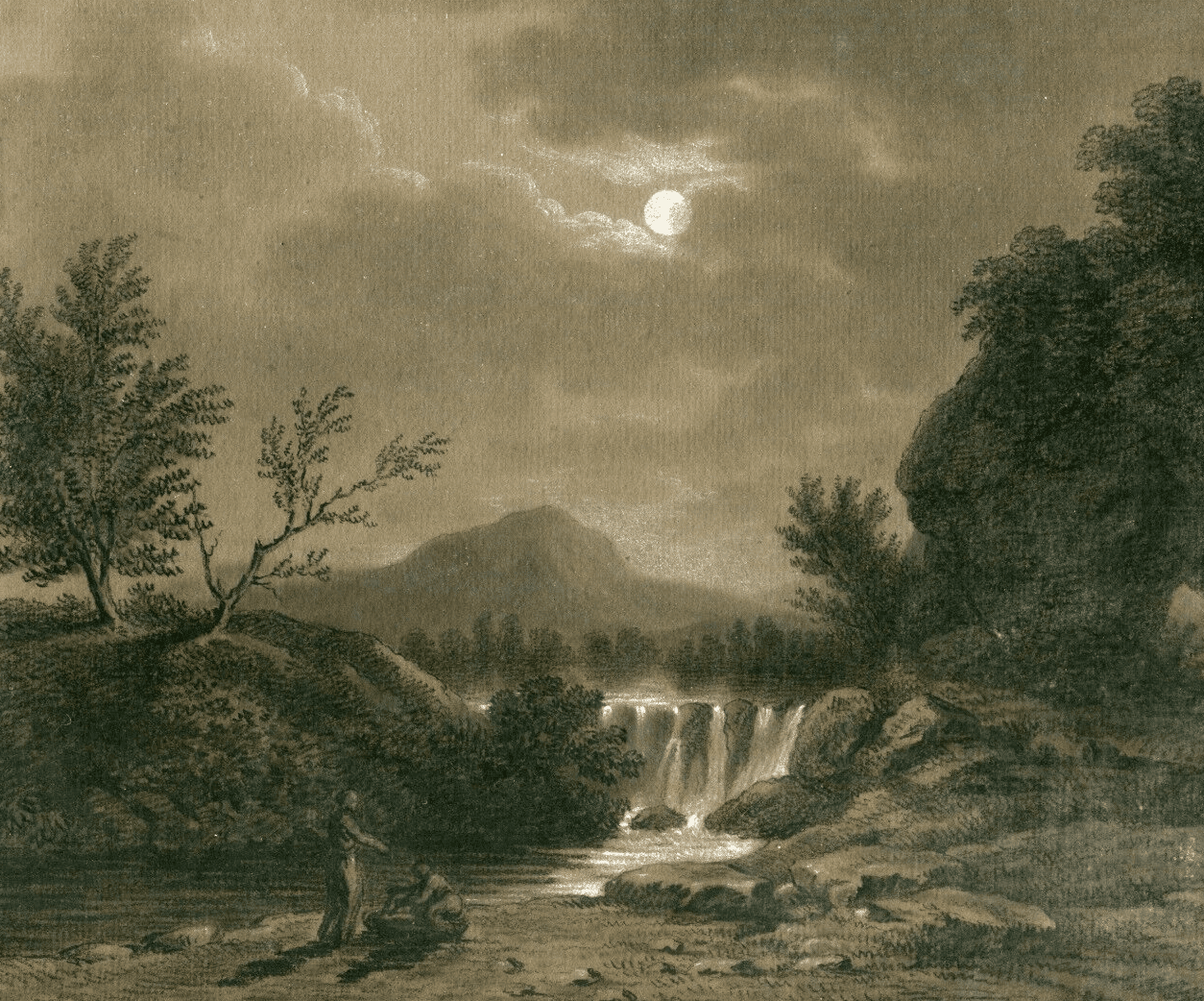 Antique Drawing 19th century Landscape by Night with Figures image 1