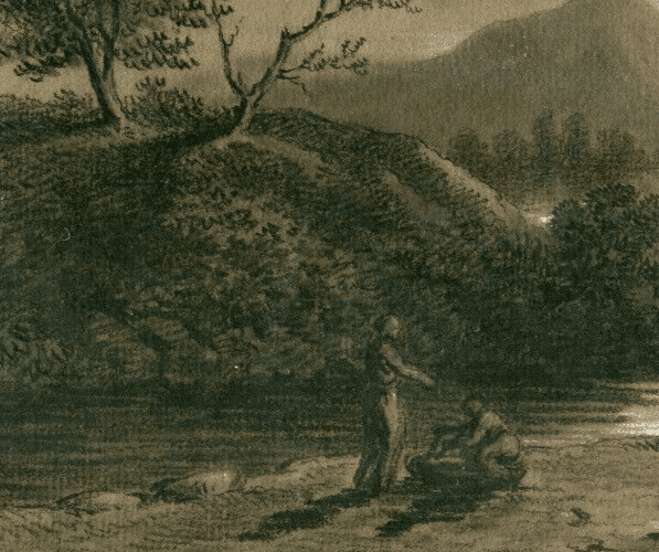 Antique Drawing 19th century Landscape by Night with Figures image 2