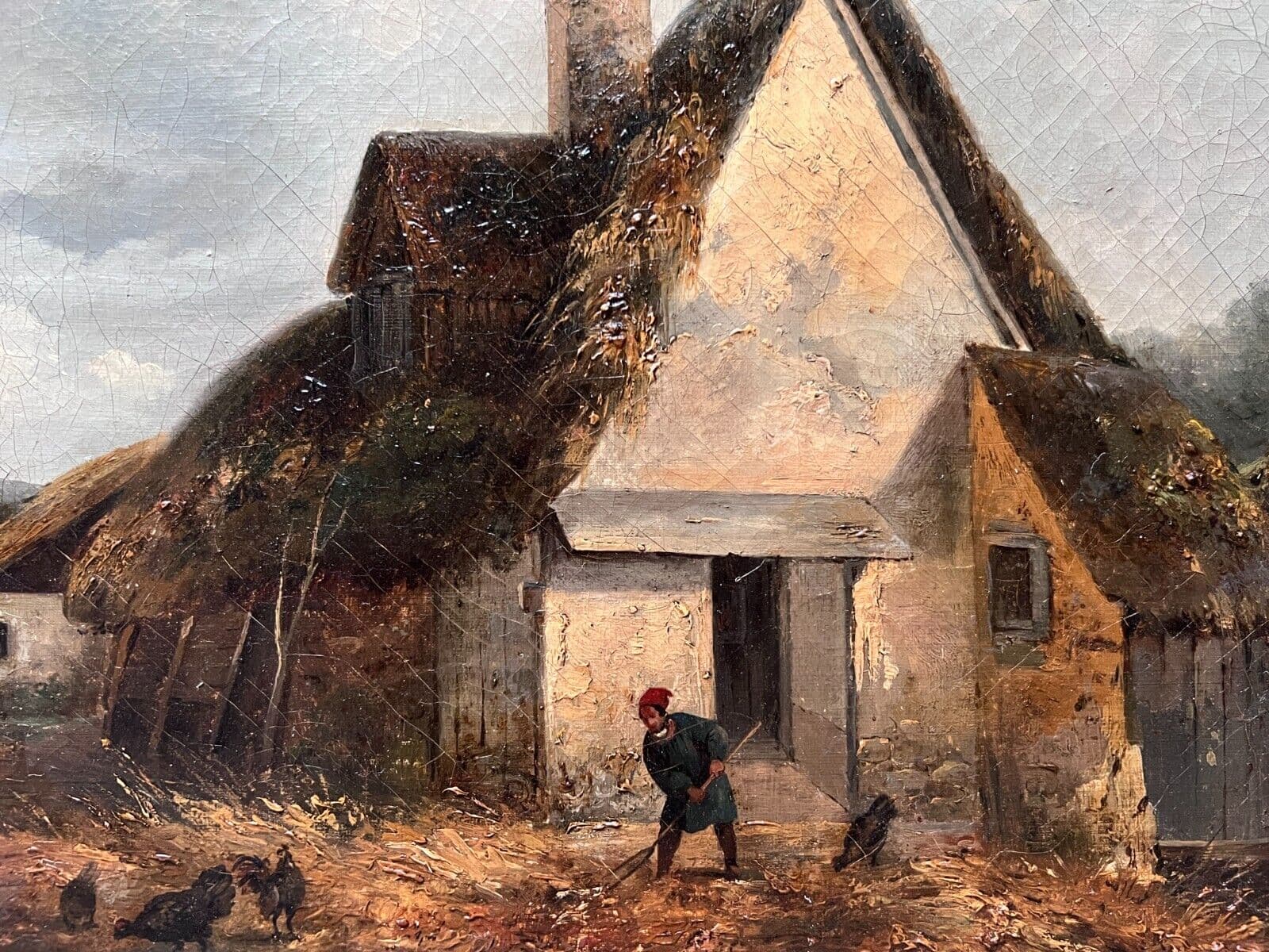 Antique Painting Original Landscape, Farm, Chicken, Man, House 19th century image 1
