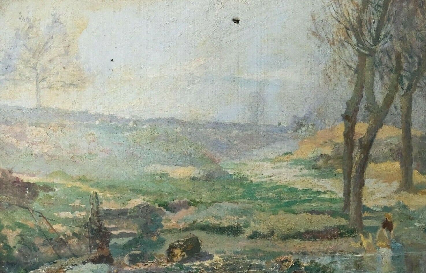 Antique Painting Oil Original 19th Landscape Woman Cleaning Laundry signed image 1