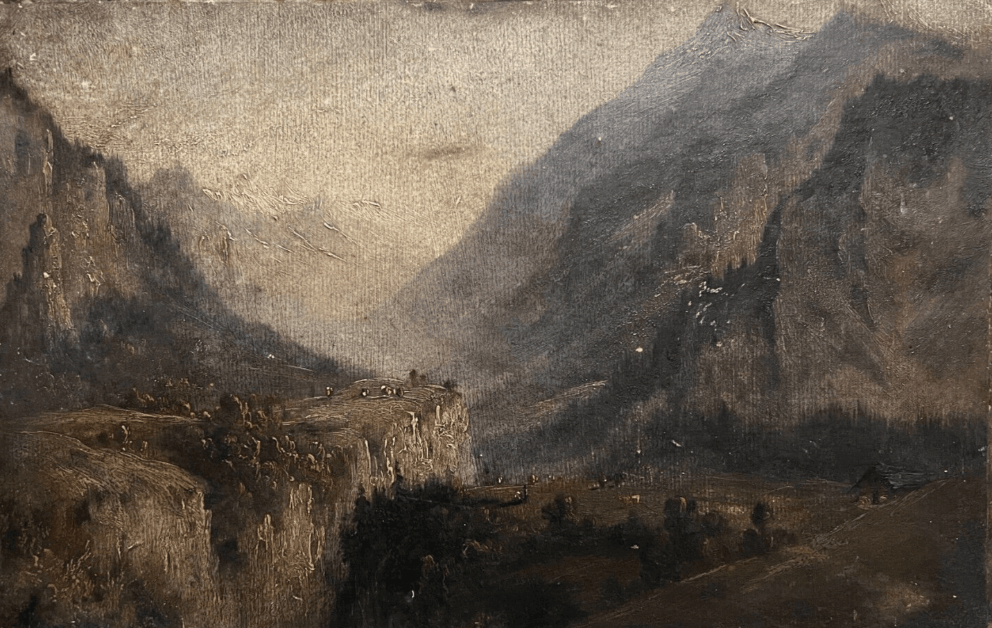 Antique Original Painting Landscape, Mountain, People, Alps 19th century image 1