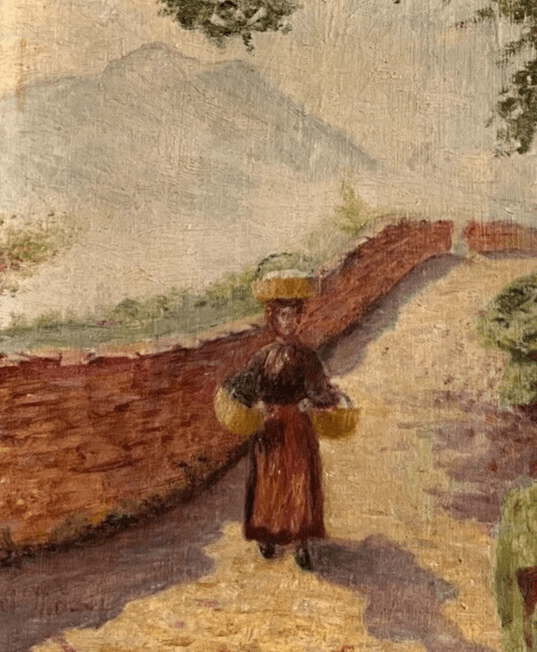 Antique Painting Landscape Original signed Woman, Work, Path image 3