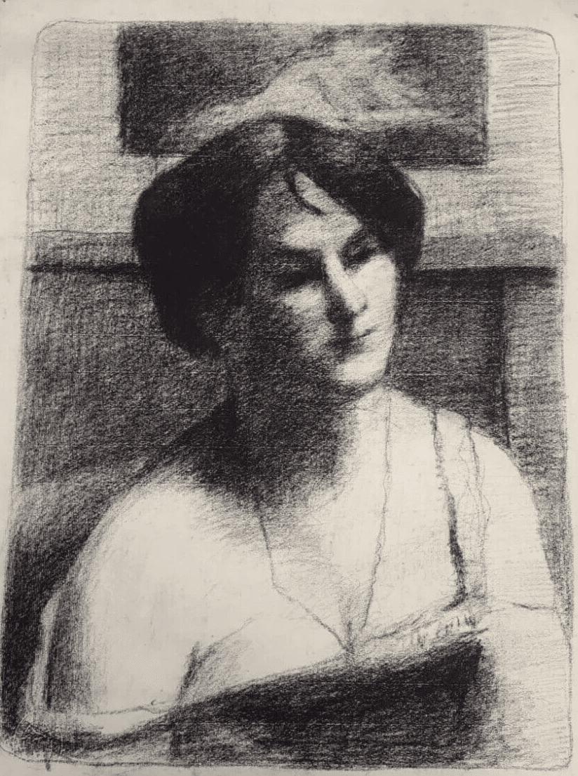 Antique Drawing Charcoal Woman Portrait with Necklace image 2