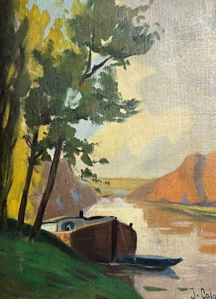 Vintage Oil Painting Maritime Landscape, Seaview, Boat, Tree signed image 2
