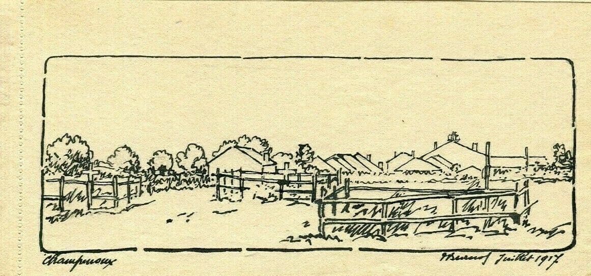 Vintage Ink Drawing signed Landscape Field Champeroux 1917