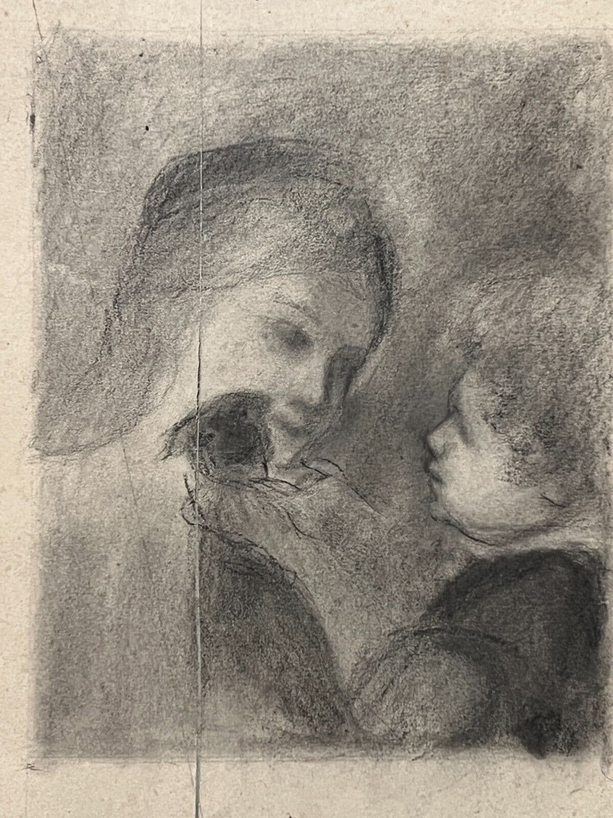 Antique Pencil Old Drawing People, Children, Figures, Dog, Family image 2