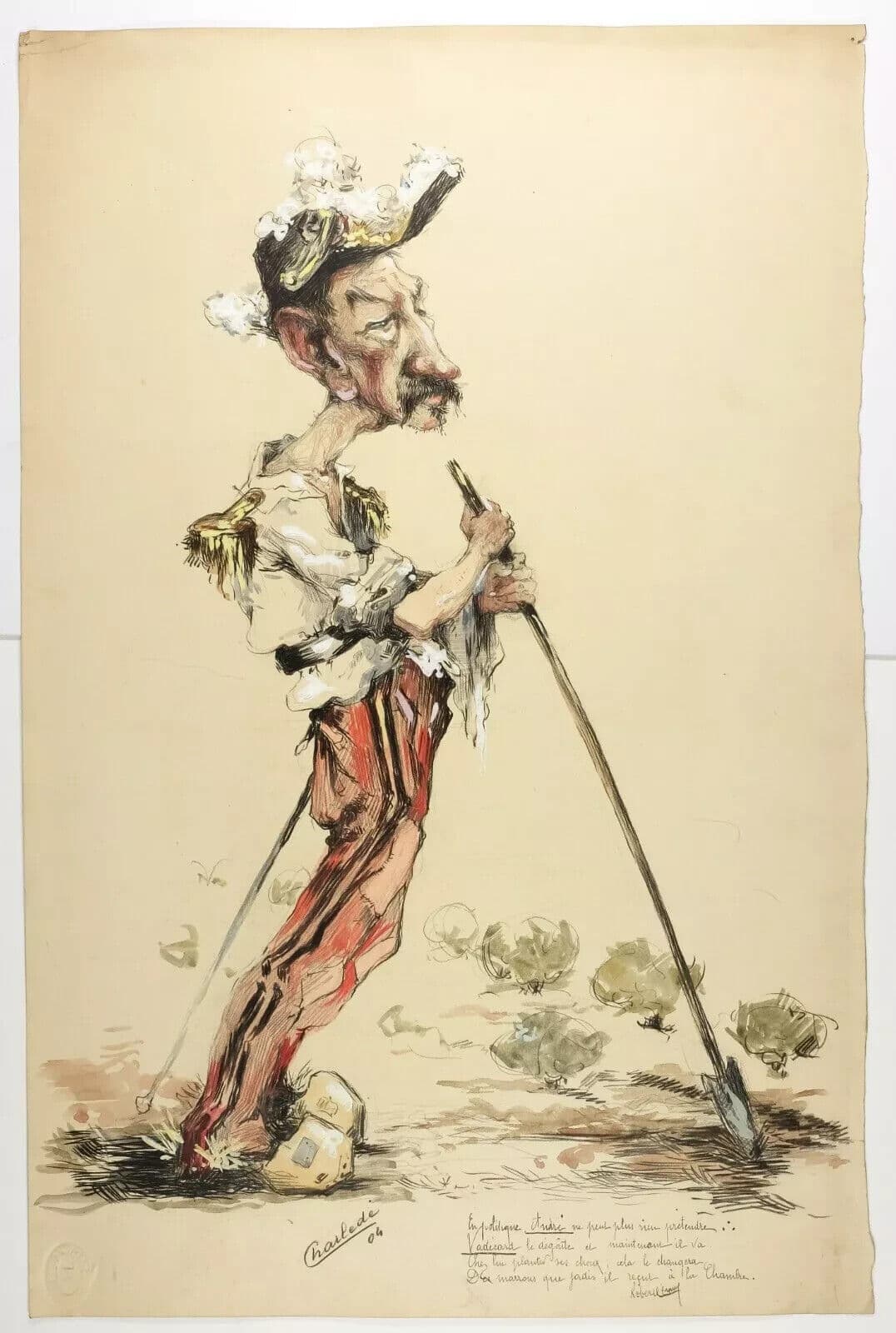 Antique Ink Drawing Old Original Signed Caricature Military Man Portrait image 7