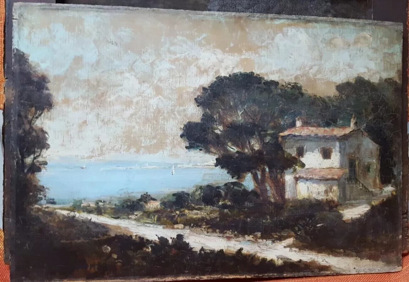 Antique Oil Old Original Painting Signed Landscape by the Sea Artwork image 4