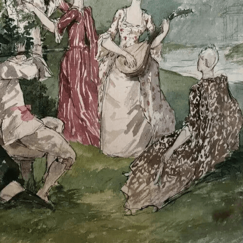 Vintage Drawing Original People, Women, Forest, Playing Musics image 5