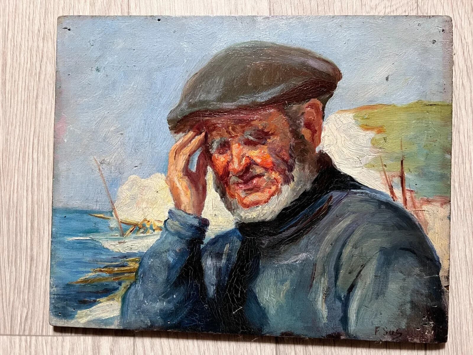Antique Original Painting  signed Man Portrait, Fisherman, Landscape image 2