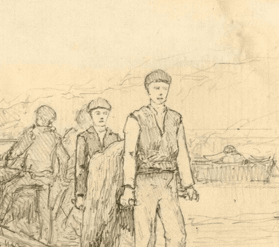 Vintage Pencil Drawing 19th century Maritime Figures and Boat, Dikeos Collection image 5