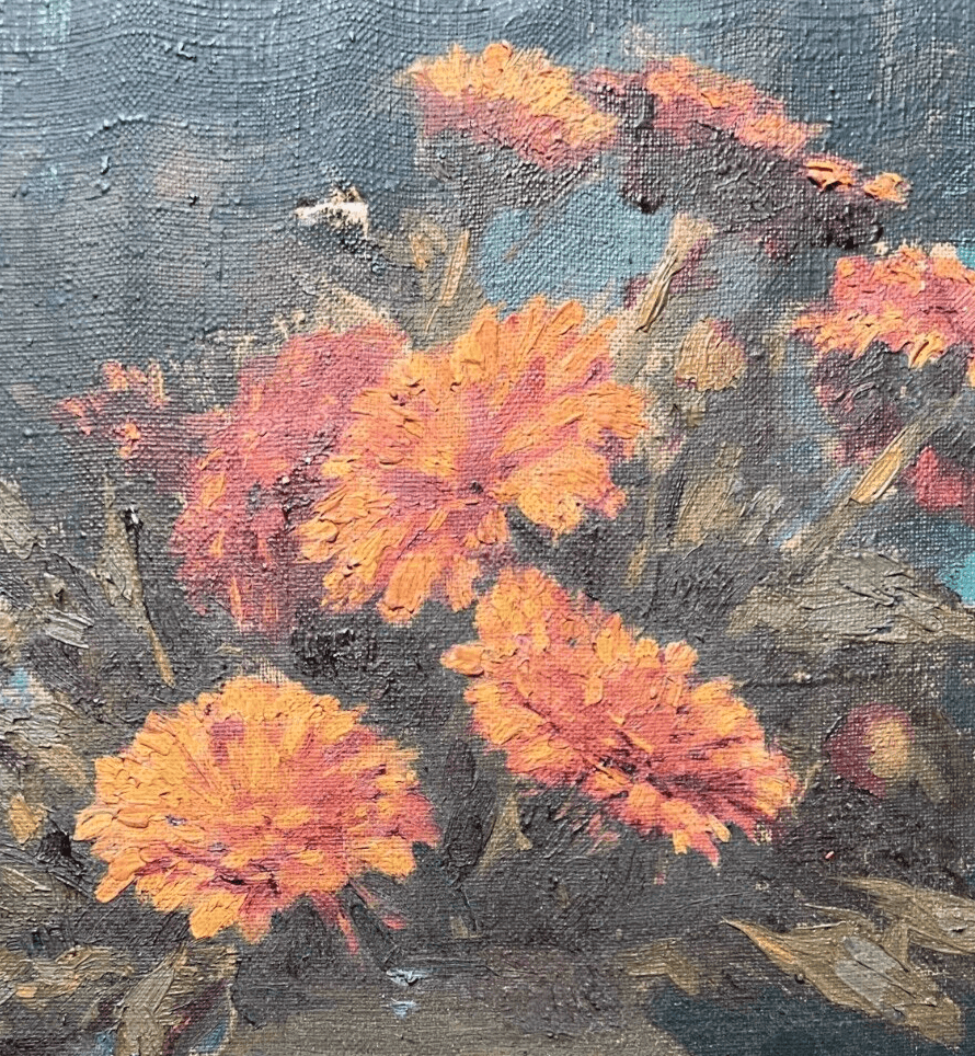 Antique Oil Painting Original Still Life, Flowers, Vase signed image 5
