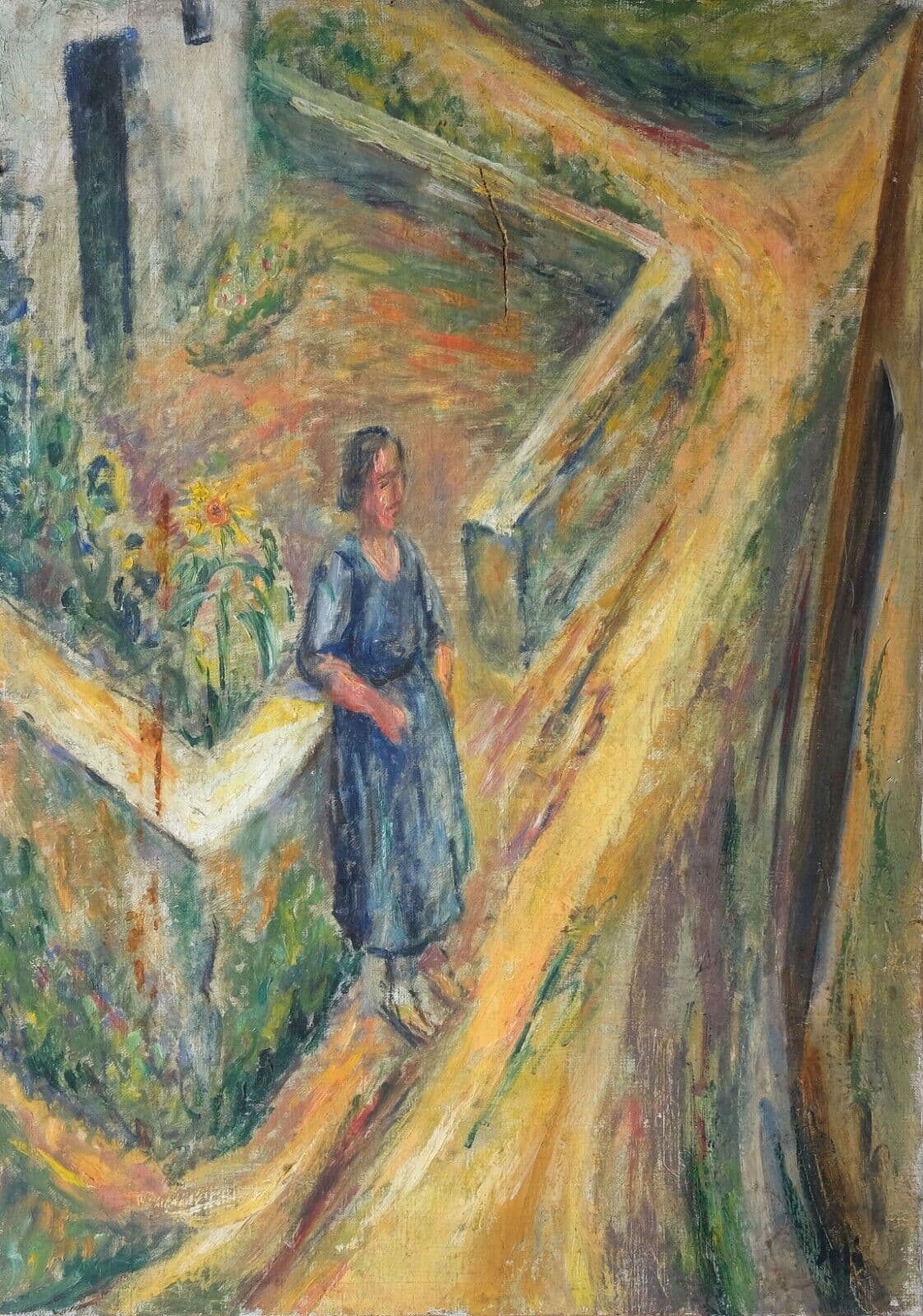 Antique Painting Woman Portrait Sunflower in Landscape, Modern Oil On Canvas image 1