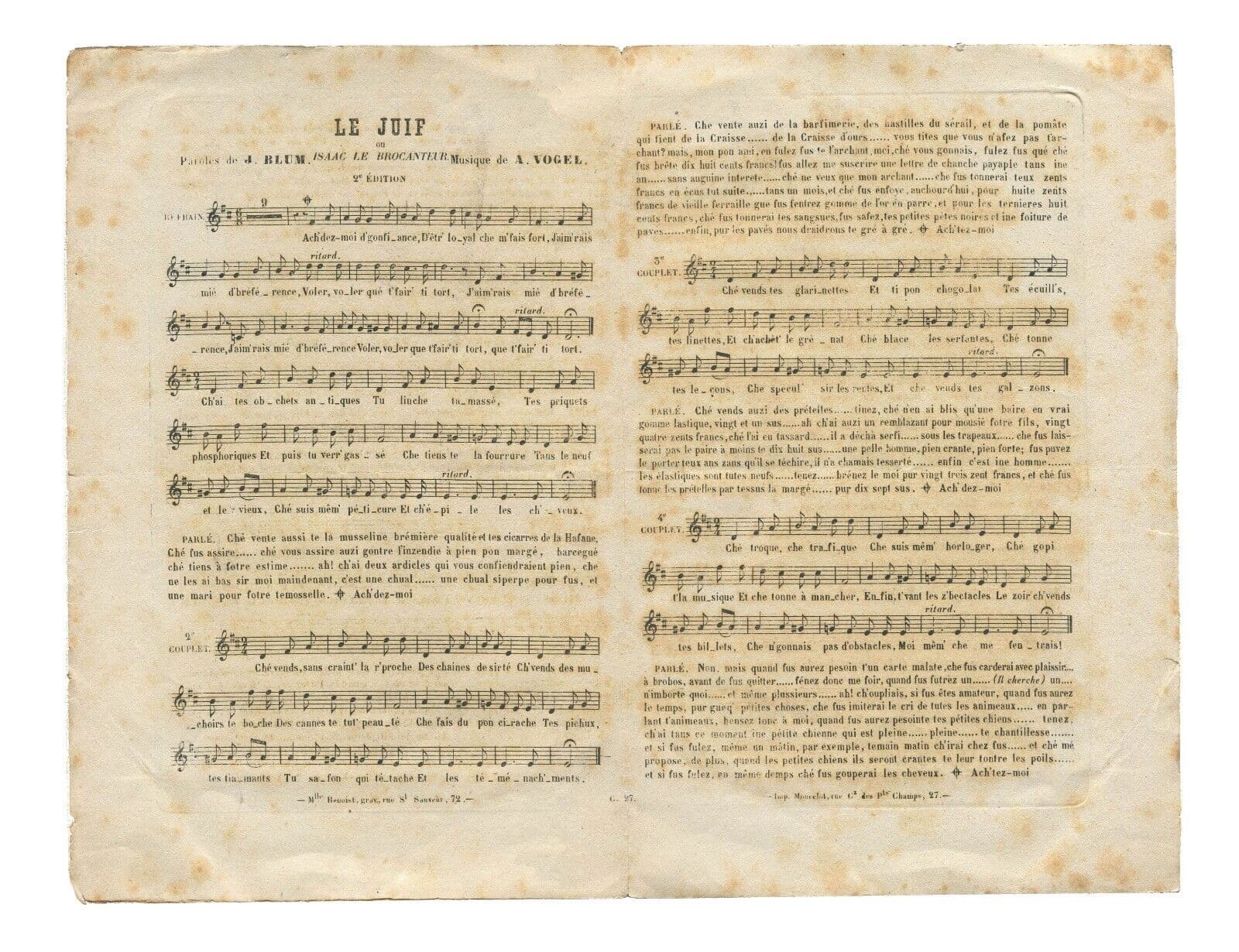 Antique Sheet music Le Juif ou Isaac le Brocanteur J. Blum by Adolphe Vogel image 3