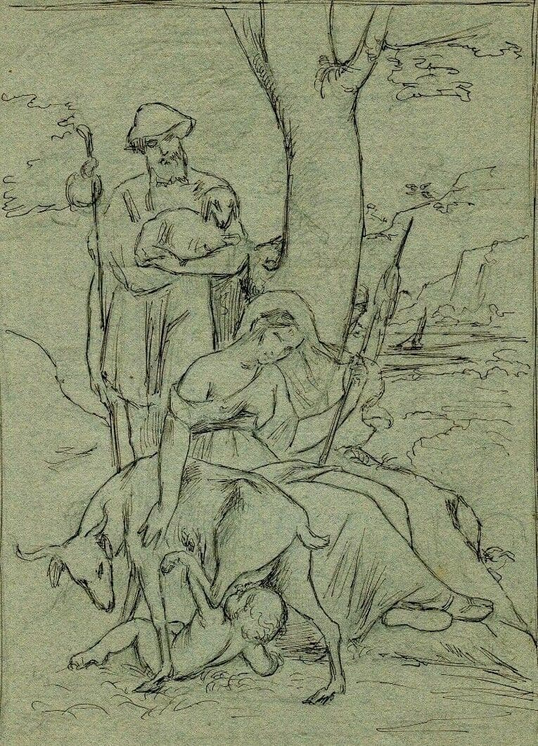 Antique Ink Original Drawing 19th century Religious Scene Figures, Goat and Kid