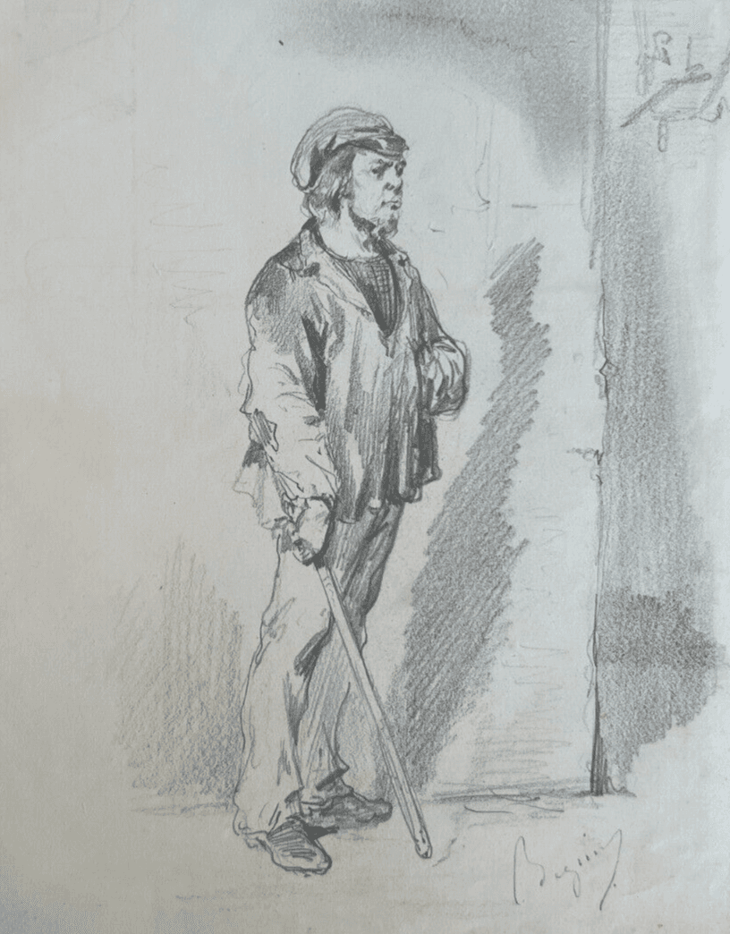 Antique Original Drawing 19th century Man Portrait with Stick signed