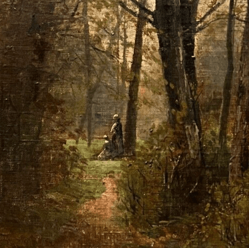 Antique Original Painting Landscape, Trees, Forest, People 19th century image 2