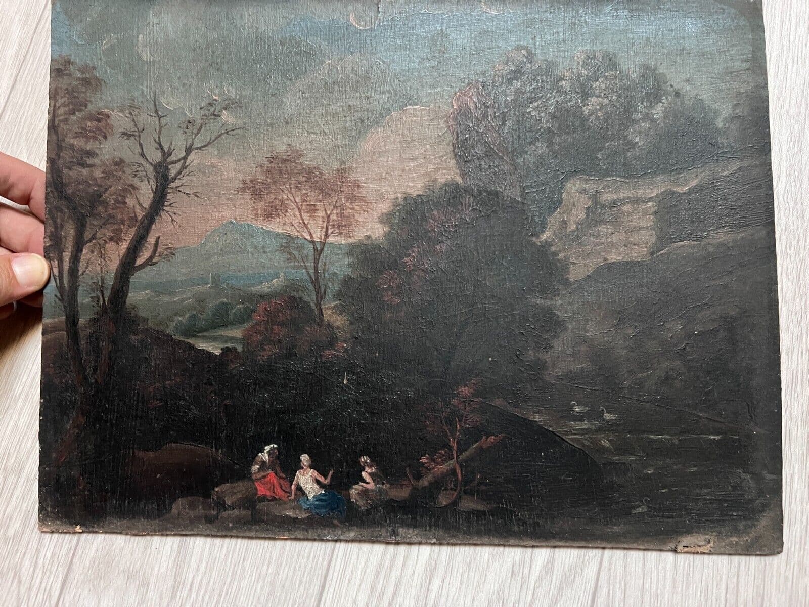 Antique Original Painting Landscape, People, Trees, Forest 19th century image 2