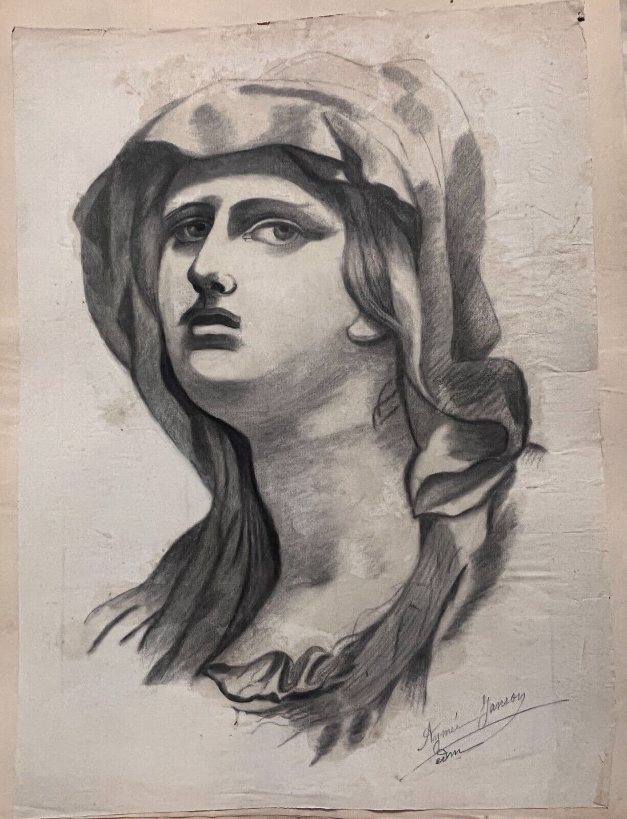 Antique Drawing Charcoal Original Portrait Woman Sculpture signed image 4