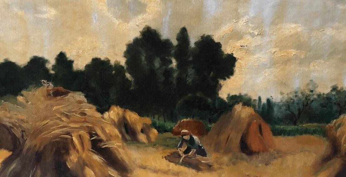 Antique Oil on canvas Old Painting Landscape, Hay, Fields image 4