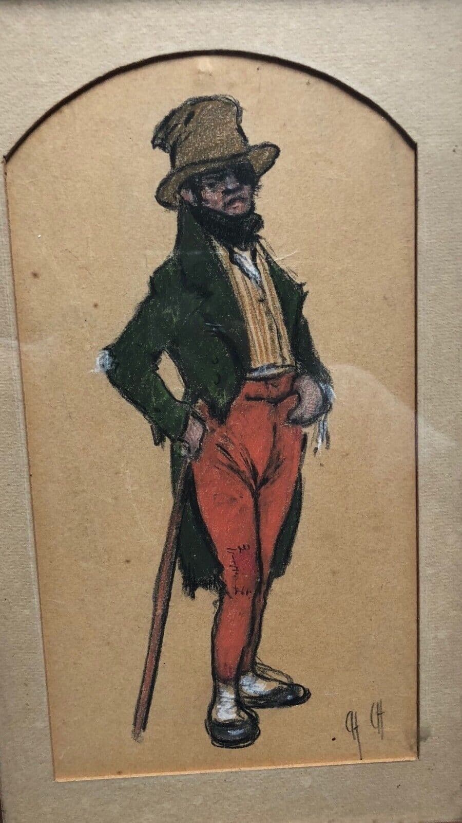 Antique Drawing Original 19th century Man Portrait Cane and Hat image 2