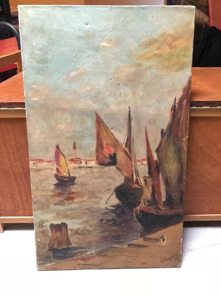 Antique Original Painting Signed Maritime Landscape with Boats at Sea, Sunset image 4