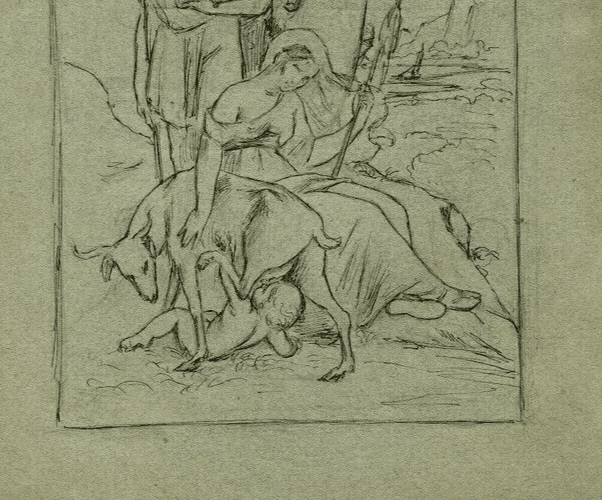 Antique Ink Original Drawing 19th century Religious Scene Figures, Goat and Kid image 4