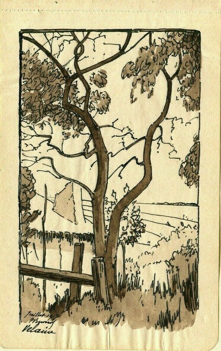 Drawing Signed Landscape, Tree, Lorraine 1917 image 1