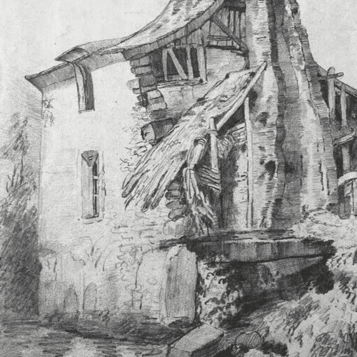 19th century Original Antique Pencil Drawing Landscape House, Farm by River image 5