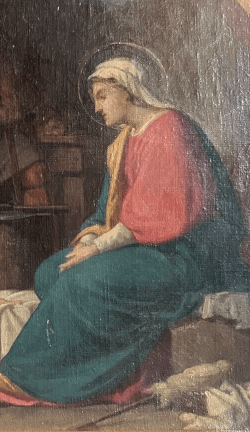 Antique Painting Original 19th century Religious Christ, Mary, Apostles Nativity image 4
