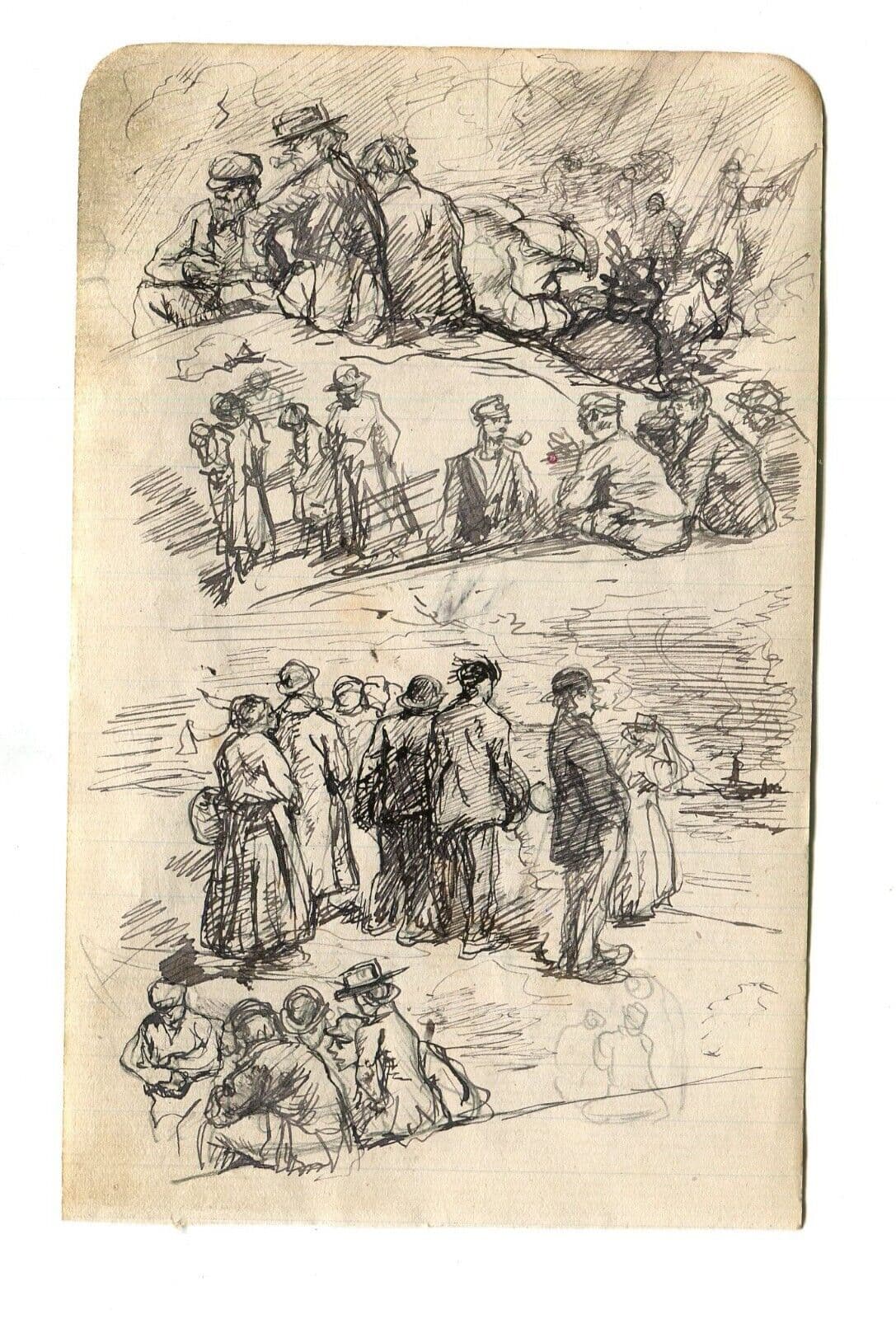 Vintage Ink Original Drawing Family Figures, Women, Sailors, People Sketch image 6