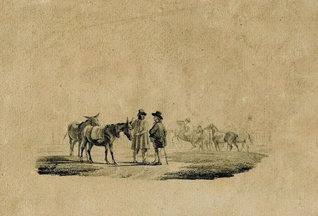 Antique Pencil Drawing 19th century of Horses and People image 4