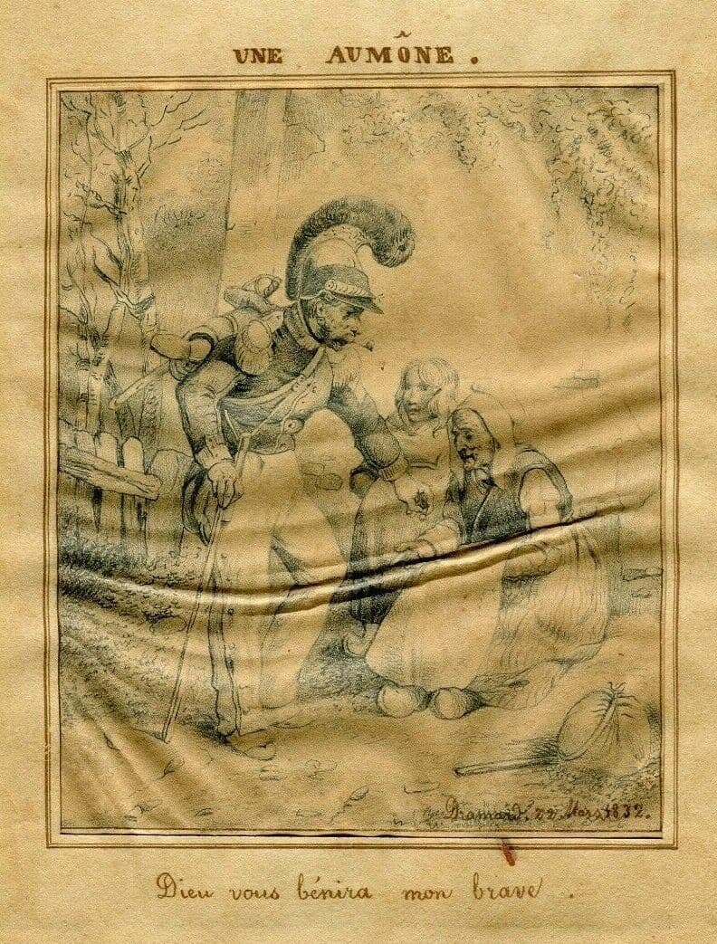 Antique Pencil Drawing 19th century Figures, Alms, Military 1832 image 1