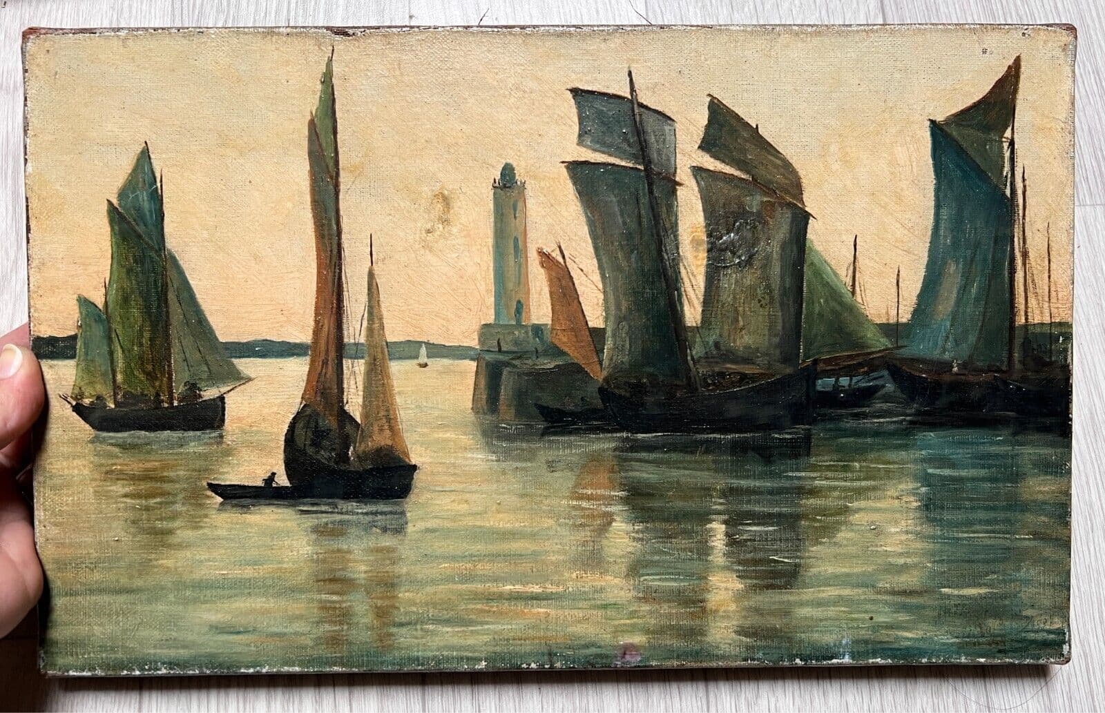 Antique Oil Painting Original Landscape, Seaview, Boats signed 19th century image 4