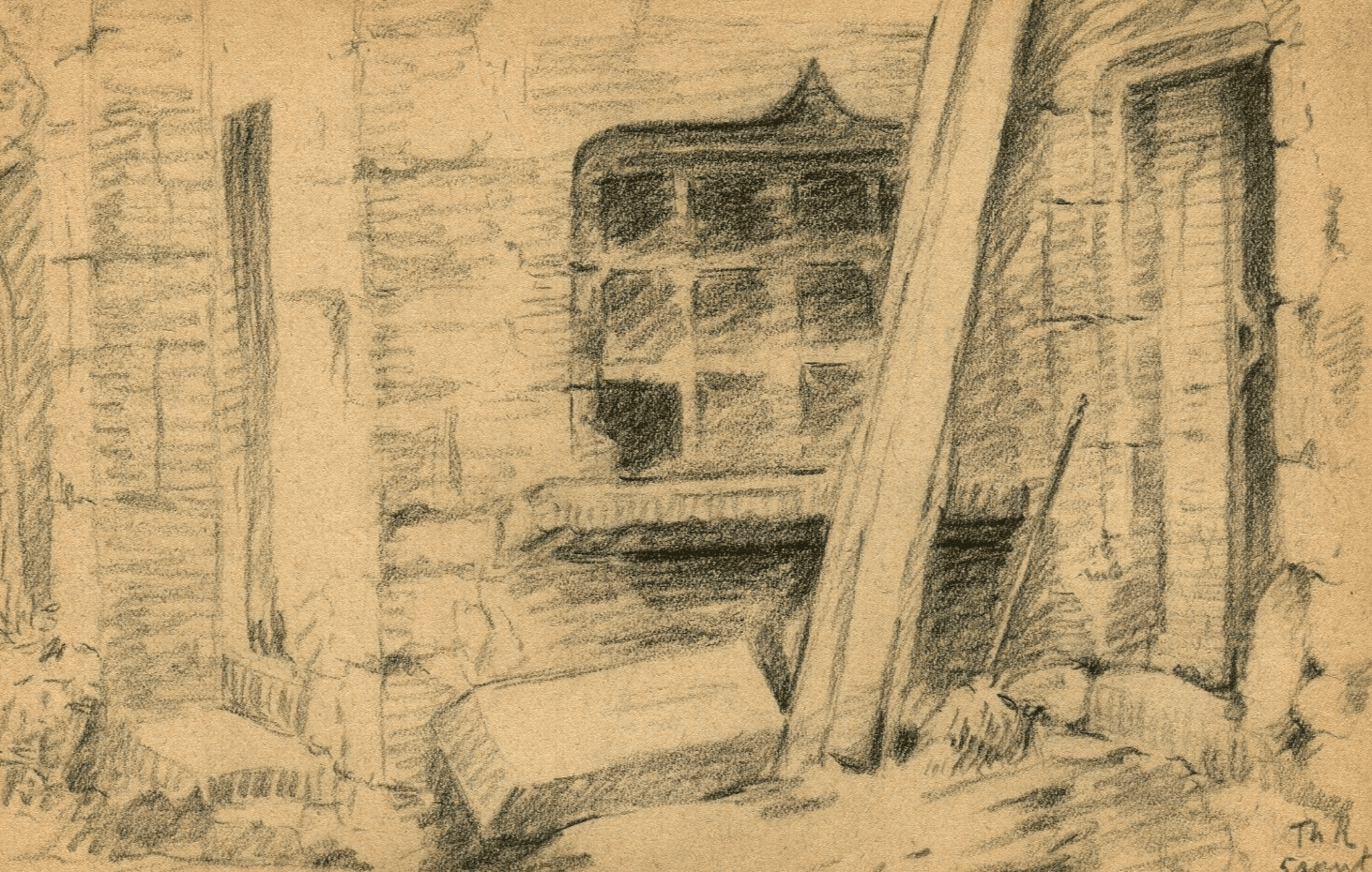 Vintage Pencil Original Drawing signed House, Building, Architecture 1935 image 1