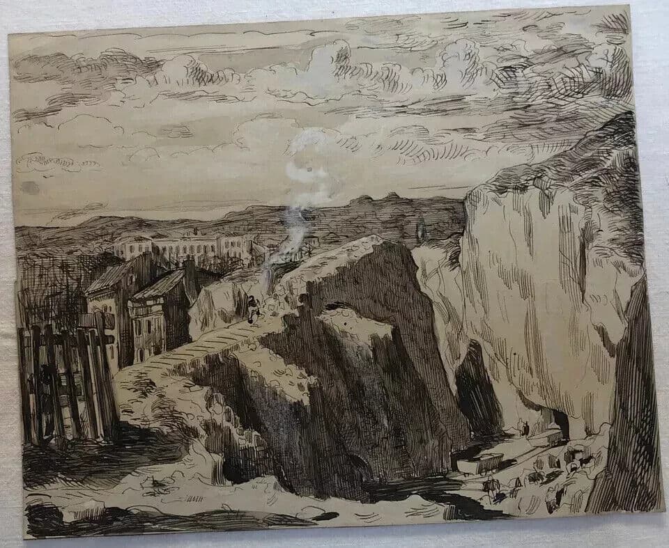 Vintage Original Drawing Cityview Mountain, Fire, Landscape, Fire image 2