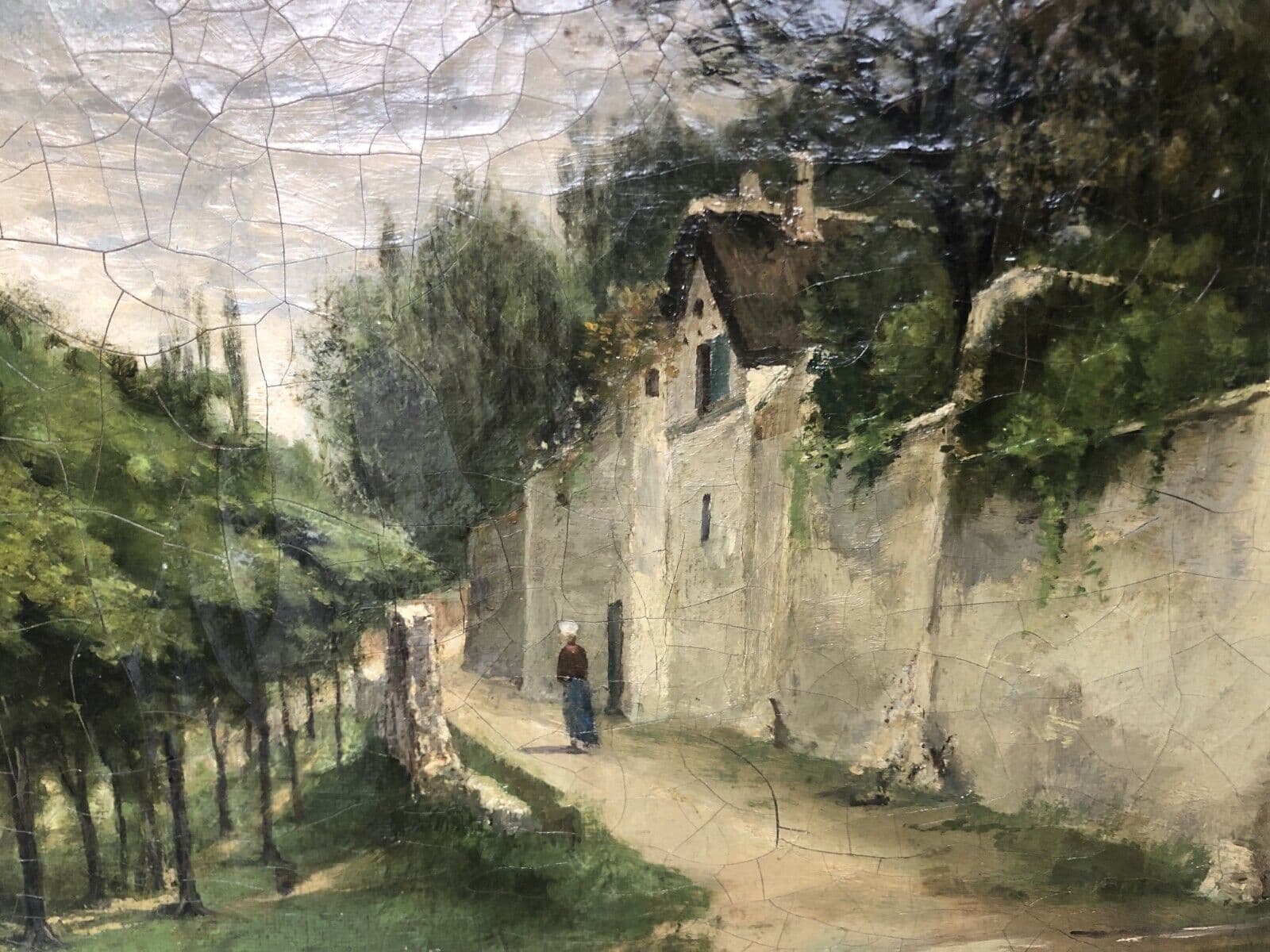 Antique Original Painting Cityscape Woman Village, Trees signed 19th century image 1
