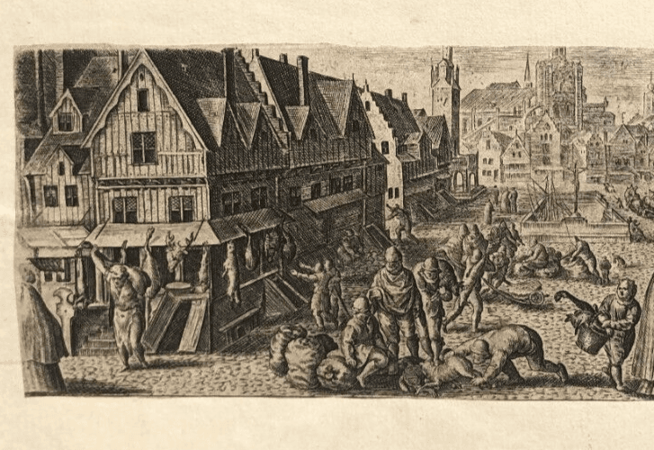 Antique Etching Original 17th century People, Market, Cityview image 6