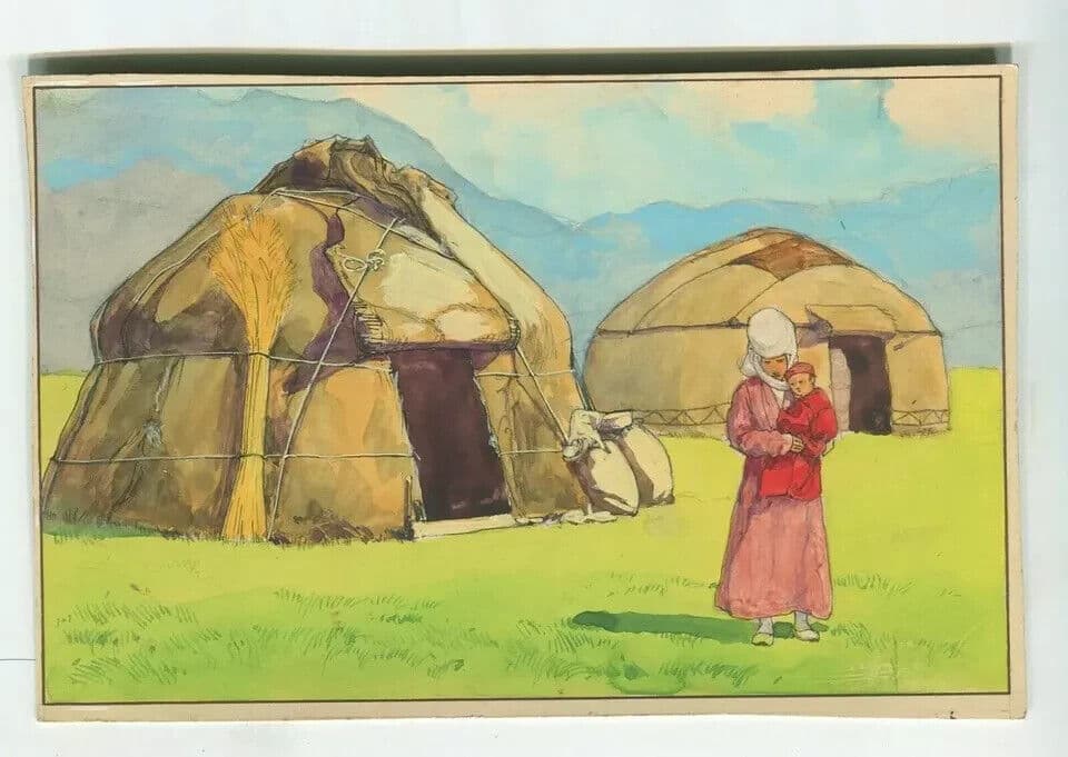 Antique Original Drawing Gouache, Illustration, Tents Kyrgyz image 4
