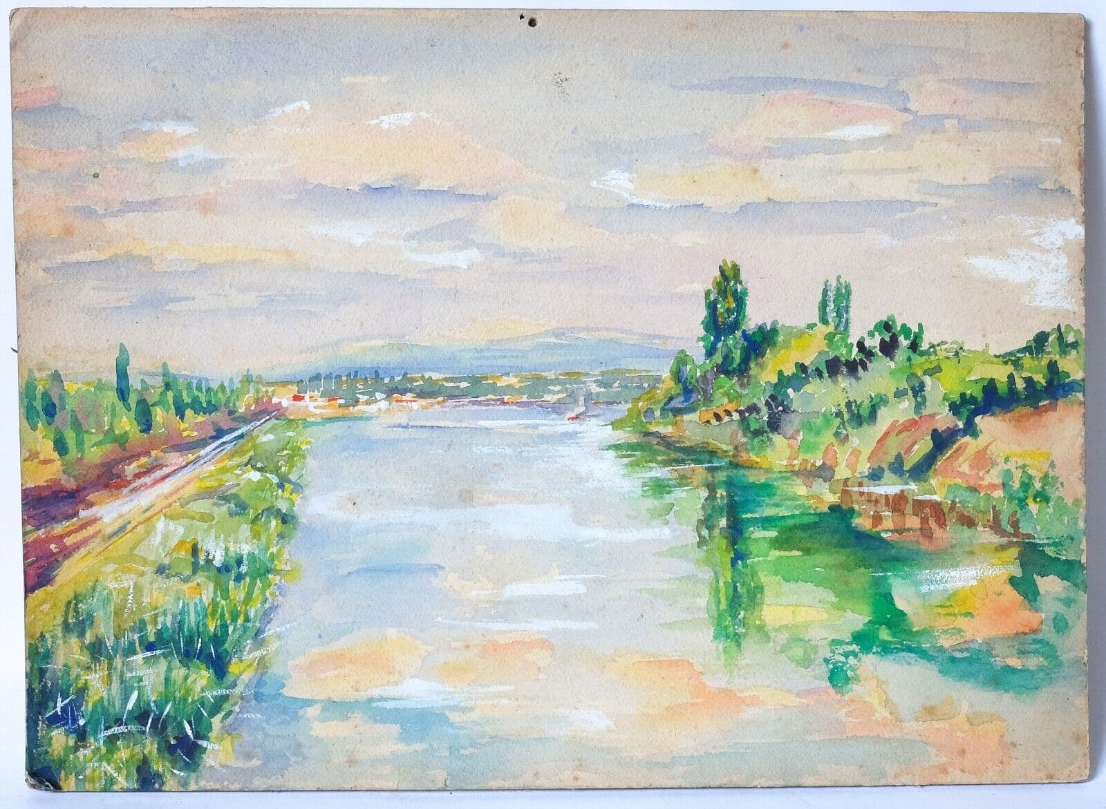 Antique Oil Original Watercolor Landscape with River French image 4