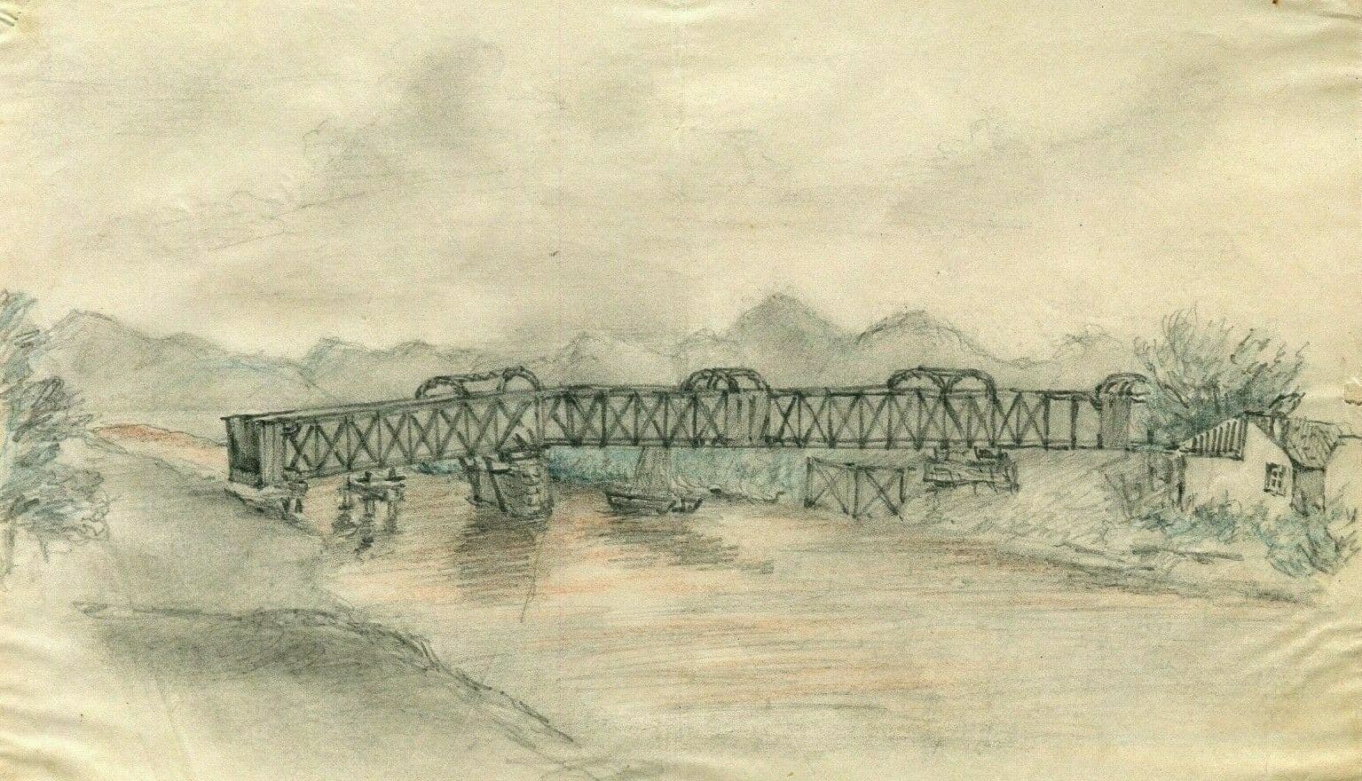 Vintage Pencil Drawing Landscape, Bridge of Soummam, Bougie 1871 image 1