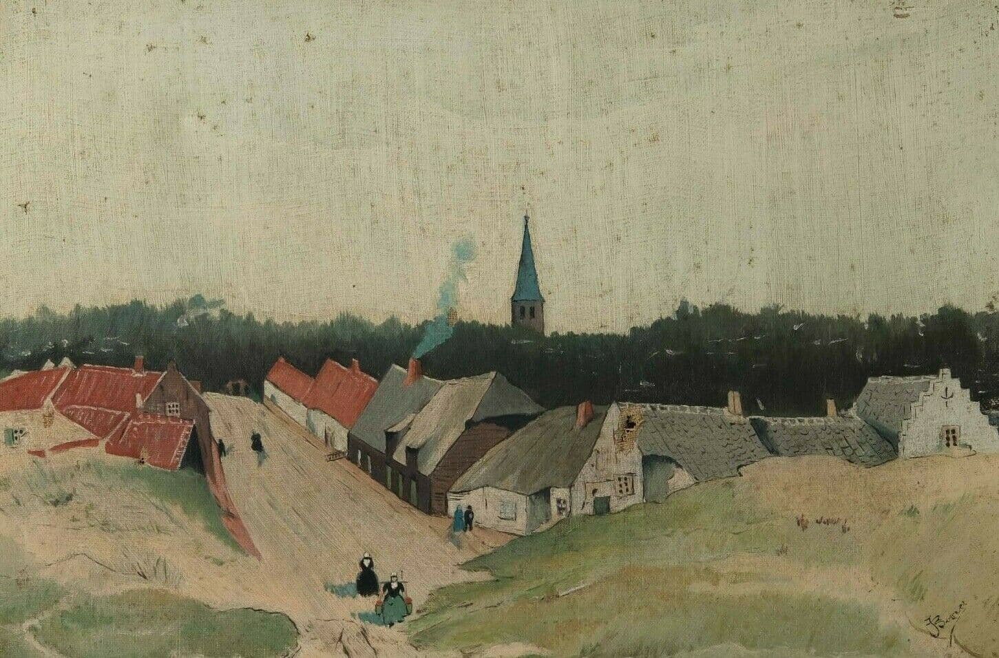 Antique Original Oil Painting Ciyview, Landscape, Breton, Village, People signed image 1