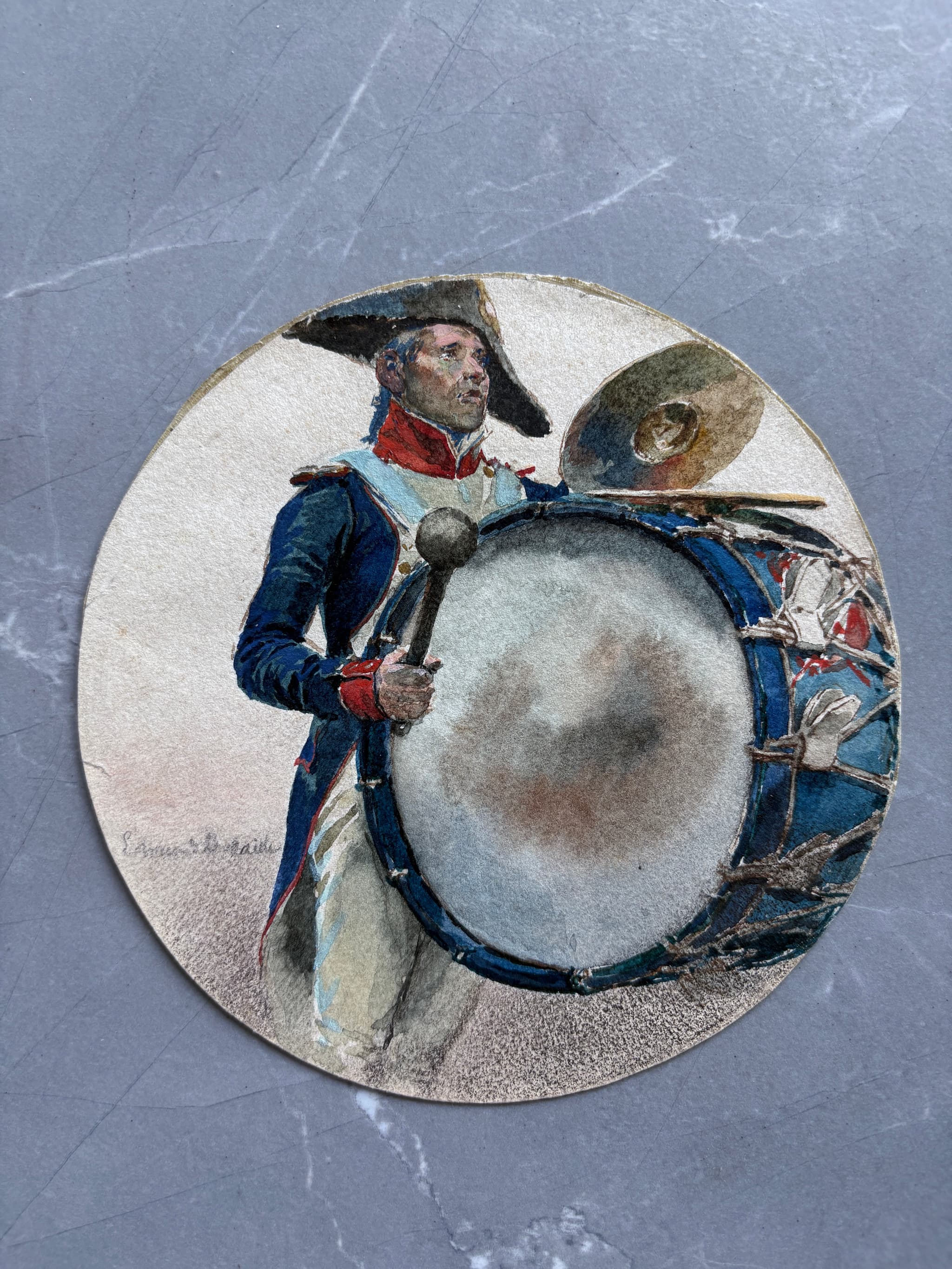 Antique Watercolor Old Painting signed Military Man with Tambour image 1