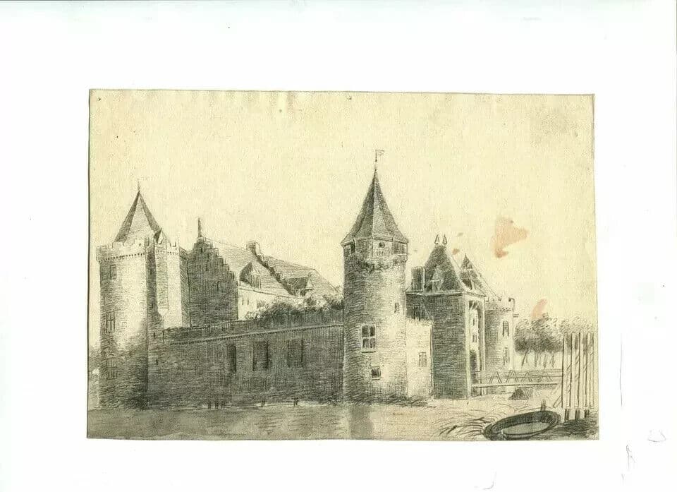 Antique Pencil Drawing Landscape, Castle, Architecture Original 19th image 3