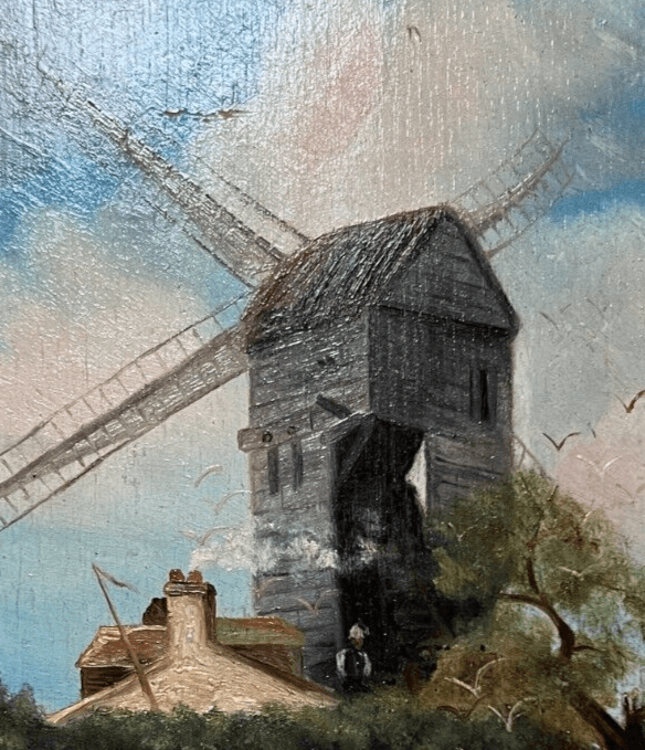 Antique Painting Original Landscape, Mills, House, People, Trees signed image 2