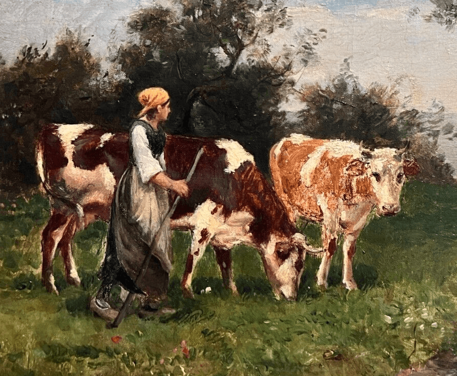 Antique Original Painting 19th century, Cows, Landscape, Farmer, Trees image 2