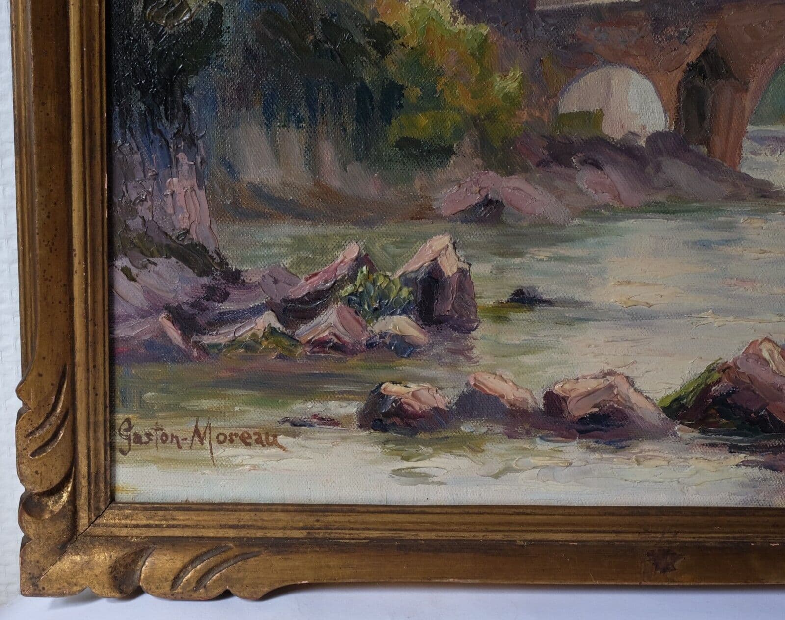 Antique Oil Painting Signed Gaston MOREAU (1885-?) Landscape and Bridge image 3