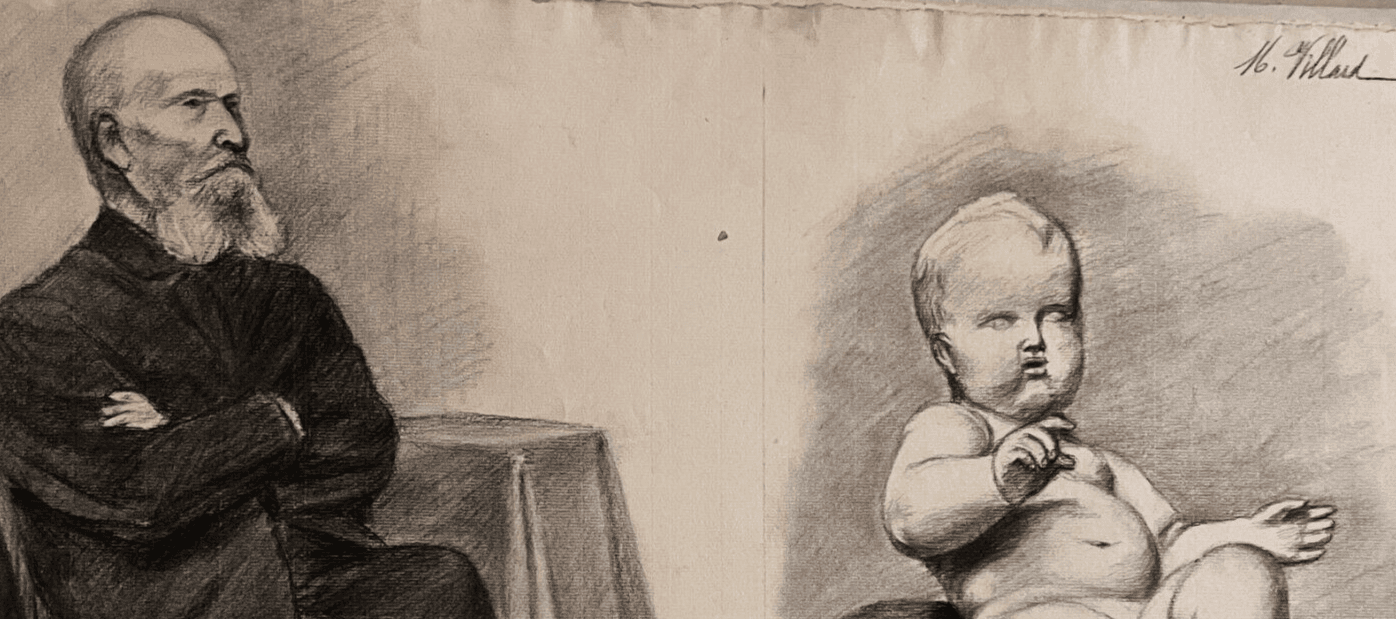 Antique Drawing Original Charcoal Man Portrait, Baby signed image 3