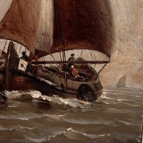 Antique Painting Original Landscape, Seaview, Boats, Seascape People signed image 6