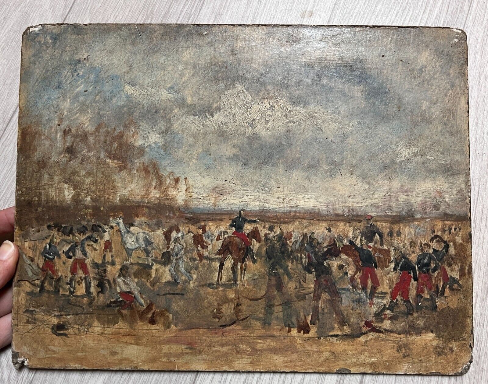 Antique Painting Original People, Military, War, Landscape signed 19th century image 2